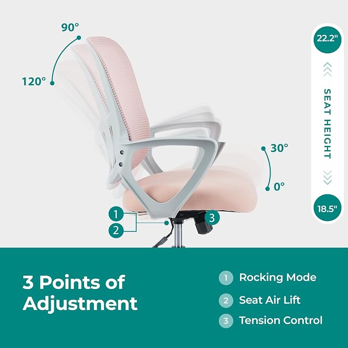 OLIXIS Home Office Chair, Mid Back Computer Ergonomic Mesh Desk with Large Seat, Executive Height Adjustable Swivel Task with Lumbar Support and Armrest, for Adults, Pink