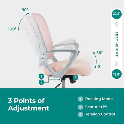 OLIXIS Home Office Chair, Mid Back Computer Ergonomic Mesh Desk with Large Seat, Executive Height Adjustable Swivel Task with Lumbar Support and Armrest, for Adults, Pink