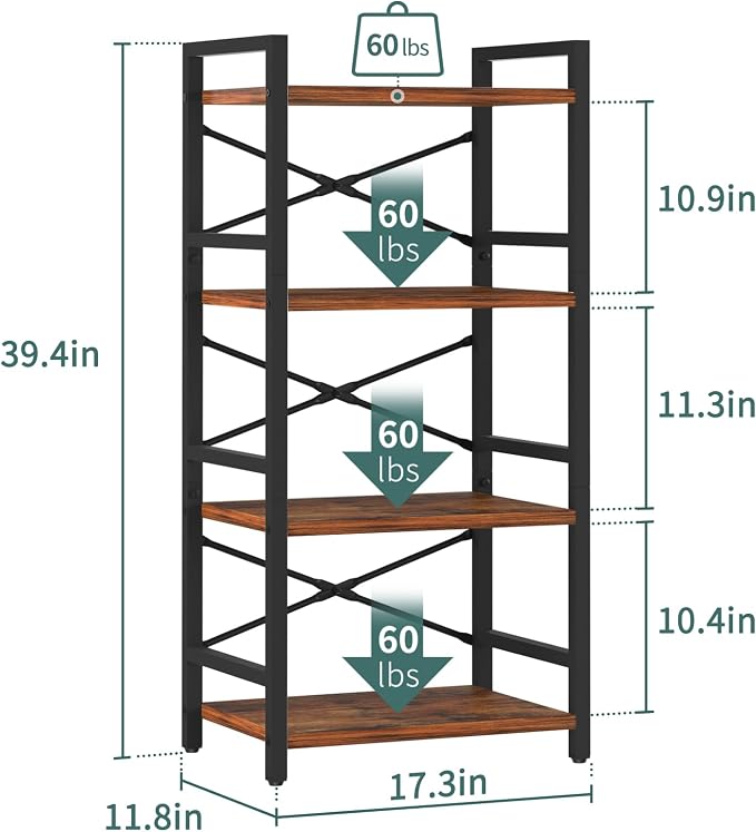 Yoobure 4 Tier Bookshelf - Small Book Shelf Industrial Bookcase, Narrow Book Case Book Storage Organizer for CD/Movie/Book, Bookshelves for Bedroom Office Living Room Berry Brown
