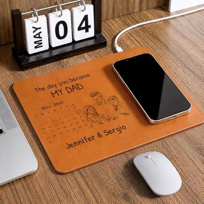 Personalized Leather Charging Mat, Custom Photo Sketch Calendar The Day You Became My Daddy Wireless Charging Desk Mat, Dad Gift, Fathers Day Gift for Dad, Papa, Grandpa, Daddy 7