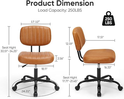 DUMOS Armless Small Home Office Desk Chair - Vanity Task Chair with Low Back, Height Adjustable PU Leather Swivel with 360° Rolling Wheels, Vanity, Bedroom, Deep Brown