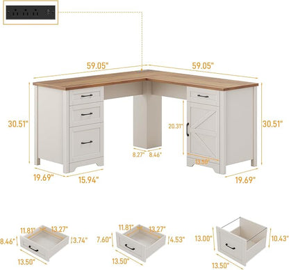 Vabches 59” L Shaped Executive Desk with Power Outlets, Farmhouse Home Office Desk with File Drawer,Storage Cabinet, Wood Corner Sturdy Writing Workstation.White