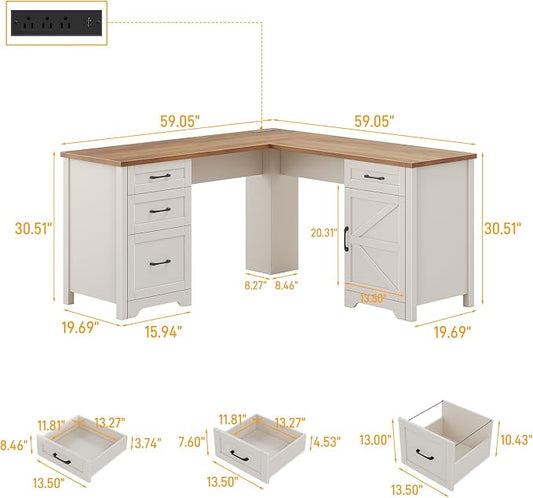 Vabches 59” L Shaped Executive Desk with Power Outlets, Farmhouse Home Office Desk with File Drawer,Storage Cabinet, Wood Corner Sturdy Writing Workstation.White