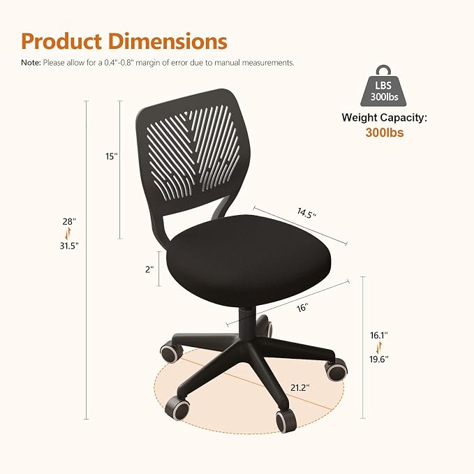 Small Desk Chair Armless Task Chair with Soft Padded Cushion Height Adjustable Swivel Rolling Comfortable Study Computer Chair for Kids Girls Boys Teens
