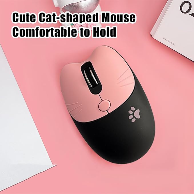 Cute Cat 2.4G USB Wireless Keyboard and Mouse Combo, Silent Keys, Candy Colors, Compatible with Notebook, PC (BlackPink-110Keys)