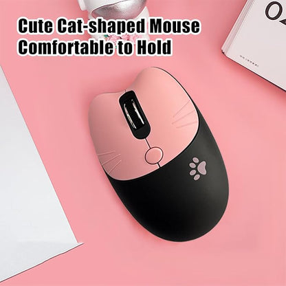 Cute Cat 2.4G USB Wireless Keyboard and Mouse Combo, Silent Keys, Candy Colors, Compatible with Notebook, PC (BlackPink-110Keys)
