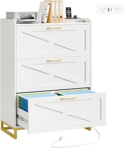 Halitaa File Cabinet 3 Drawers Lateral File Cabinet with Charging Station for Letter/Legal/A4 Size Hanging Files, Large Wood File Storage Cabinets Printer Stand for Home Office, White and Gold