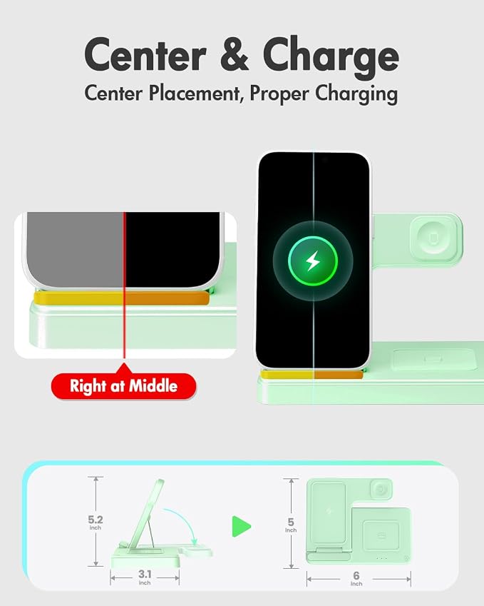 Wireless Charger Stand Charging Station: 3 in 1 Charger Multiple Devices for Apple iPhone 17 16e 16 15 14 Pro Max 13 12 11 for Watch 11 10 9 8 7 6 5 4 3 2 SE and Ultra & Airpods Series, Light Green