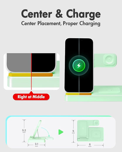 Wireless Charger Stand Charging Station: 3 in 1 Charger Multiple Devices for Apple iPhone 17 16e 16 15 14 Pro Max 13 12 11 for Watch 11 10 9 8 7 6 5 4 3 2 SE and Ultra & Airpods Series, Light Green
