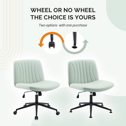 VINGLI Criss Cross Legged Chair,Wide Comfy Office Desk Chair,Dual-Use with/no Wheels Computer Task Chair,Swivel Armless Vanity Rolling Chair for Study,Make Up,Home Office,Cat Scratch PU,Mint Green