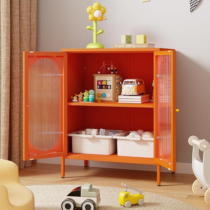 2 Translucent Door Metal Accent Storage Cabinet for Home,Office Room,Kitchen-Metal Locker Cabinet with 1 Adjustable Shelves-2-Tier (Translucent Door Cabinet, Orange)