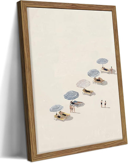 Minimalist Beach Wall Art - Framed Canvas Coastal Umbrella Poster for Bedroom, Bathroom & Living Room Decor, Modern Summer Seaside Painting in Wood Frame, Neutral Decor 8x10 inch