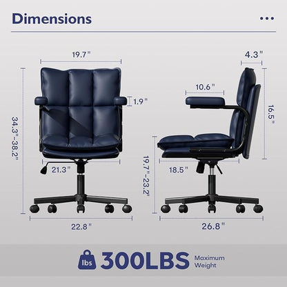 Ollega Mid Century Modern Desk Chair, Vintage Leather Office Chair, Blue | Petite Computer Chair for Small to Medium Women, Thickened Back, Cozy Seat, Adjustable Height for Home