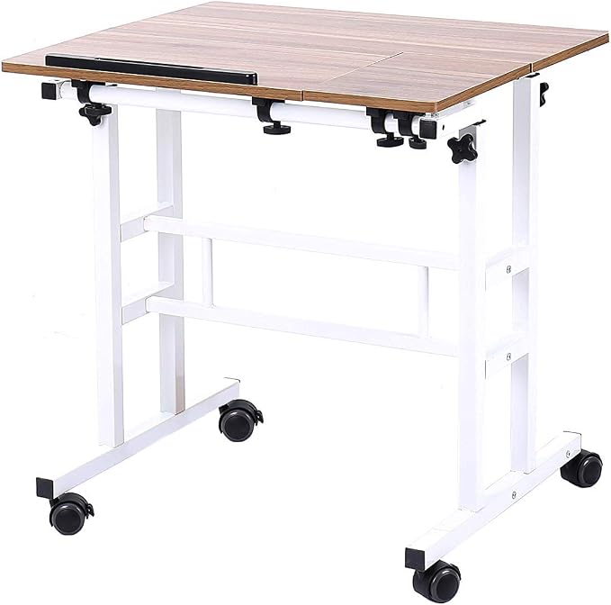 soges Rolling Standing Desk Height Adjustable, 31.5 inch Mobile Stand Up Computer Desk, Sit-Stand Tiltable Top Desk Laptop Stand for Small Spaces, Tall Table for Standing or Sitting, Oak Color