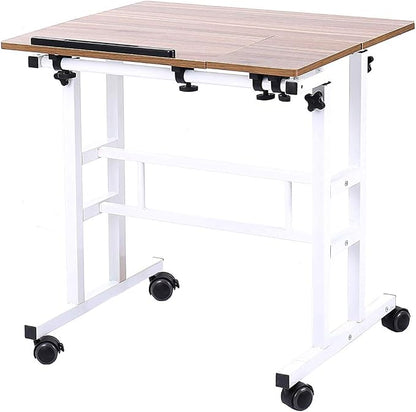 soges Rolling Standing Desk Height Adjustable, 31.5 inch Mobile Stand Up Computer Desk, Sit-Stand Tiltable Top Desk Laptop Stand for Small Spaces, Tall Table for Standing or Sitting, Oak Color