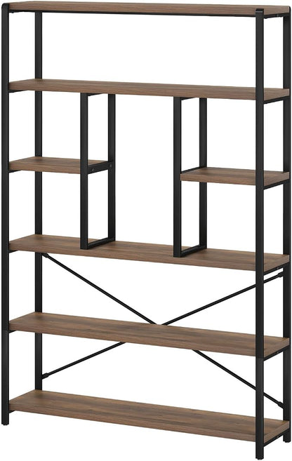 LVB Tall Industrial Etagere Bookcase, Modern Wood Large Open 6 Tier Bookshelf, Vintage Wide Metal Book Shelf Organizer, Farmhouse Book Shelves for Bedroom Living Room Home Office Storage, Rustic Oak