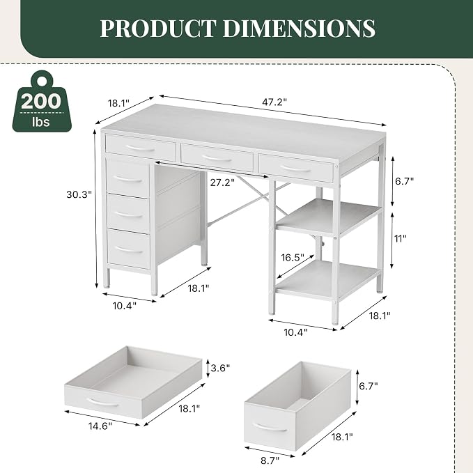 47" Computer Desk with 6 Drawers, Home Office Gaming Desks with Storage Shelves for Bedroom, Writing Study Corner Living Room Work Table White