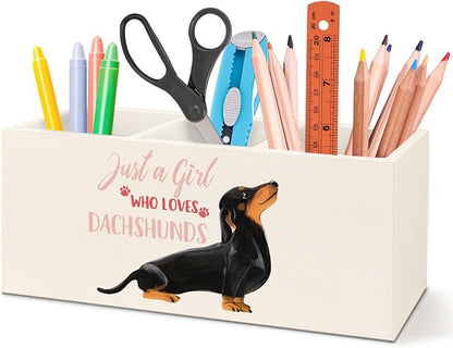 Funny Dachshund Pen Pencil Holder Organizer for Desk Accessories,Dachshund Lover Gifts for Women Girls Wooden Pen Pencil Holder for Office Desk Accessories