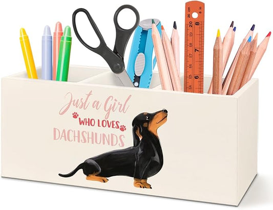 Funny Dachshund Pen Pencil Holder Organizer for Desk Accessories,Dachshund Lover Gifts for Women Girls Wooden Pen Pencil Holder for Office Desk Accessories