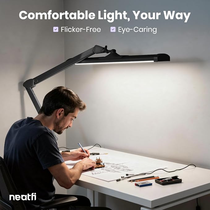 Neatfi 3,500 Lumens LED Desk Lamp – 45W Dimmable Task Light | 3 Light Modes | 540 SMD LEDs | Touch Control | Adjustable Arm | Reading, Craft, Workbench & Office (Black-3, 26-Inch Wide Shade)