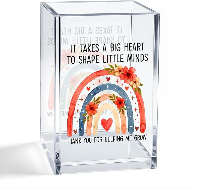 It Takes a Big Heart to Shape Little Minds Rainbow Acrylic Cosmetic Pencil Pen Holder Cup, Office Desk Accessory, Appreciation Retirement Back to School Gifts for Educator Teacher Tutor