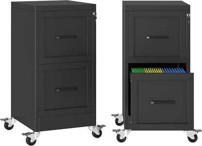 Small Metal 2-Drawer File Cabinet, Under Desk Office Cabinet, Black | Rolling, Locking, Adjustable Hanging Rail, Fit A4, FC, Letter, Hanging File Folders for Home Office Storage Organization, 2PS
