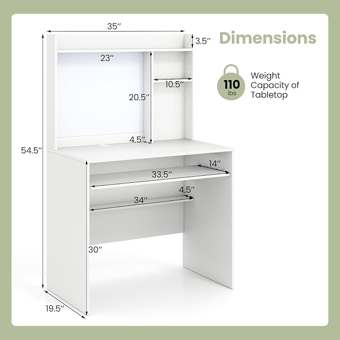 Giantex White Desk with Hutch, Small Computer Workstation with Bookshelf, Magnetic Whiteboard, PC Laptop Desk with Keyboard Tray & Cable Hole, Writing Desk for Small Spaces, Bedroom, Home Office