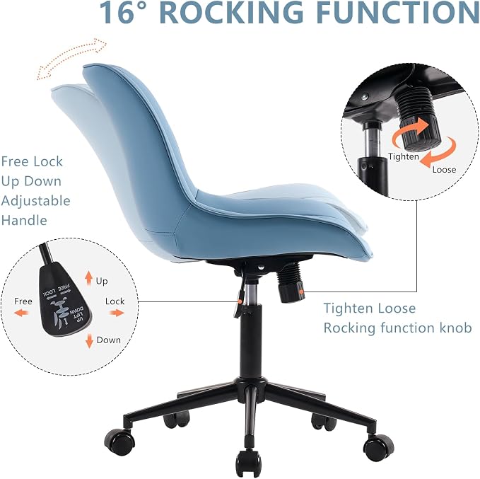 YOUNIKE Blue Office Desk Chair No Arms Vanity Chair with Wheels Modern | Armless, ergonomic high-back design. Comfortable padding and waterproof faux leather. Swivel and height-adjustable.