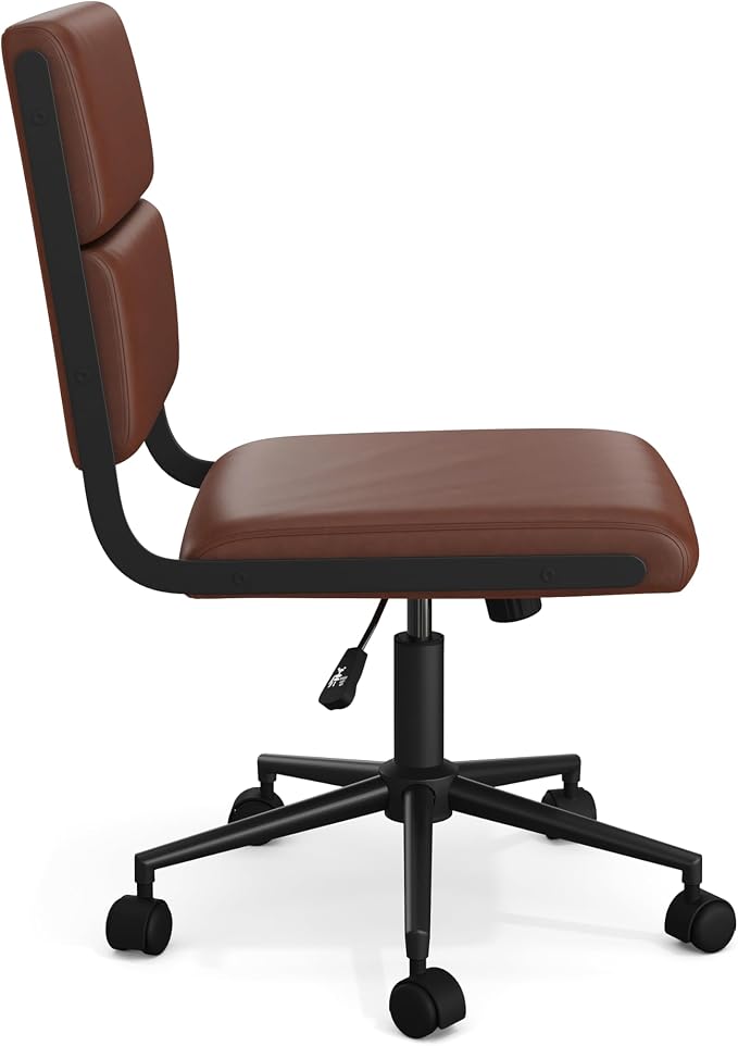 Martha Stewart Lulu Swivel Task Chair with Height Adjustable Seat for Home Office in Saddle Brown Faux Leather with Oil Rubbed Bronze Frame