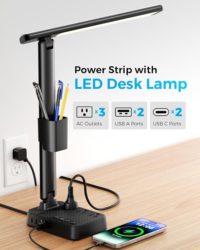 LED Desk Lamp with Power Strip, 3 AC Outlets & 4 USB Ports (2 USB-C), Stepless Dimming & 2800K-6500K Eye-Caring Desk Light, Foldable Table Lamp for Home Office, Dorm Room Essentials(10FT)