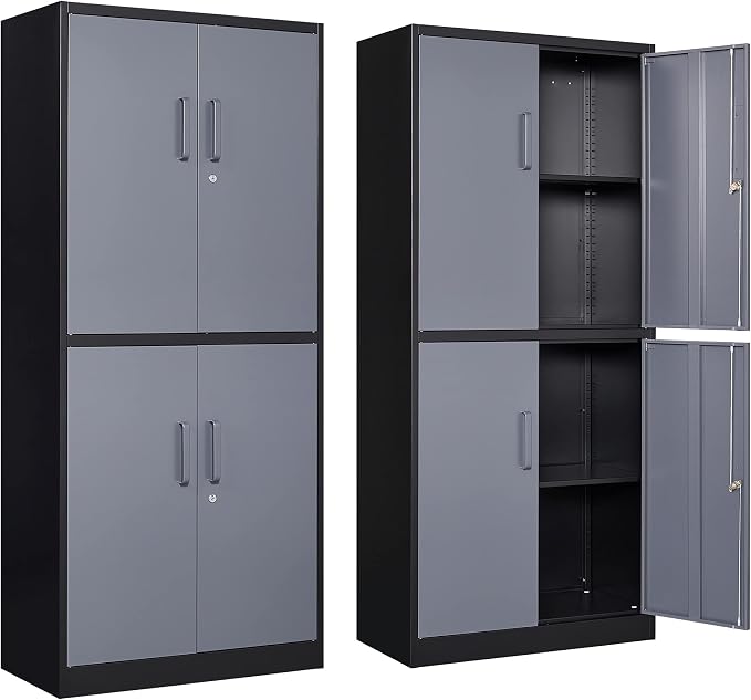 Metal Cabinet, 71' Tall, 4-Door, Locking, Adjustable Shelves, Heavy Duty, Black & Grey, Home Office, Garage Storage Cabinet