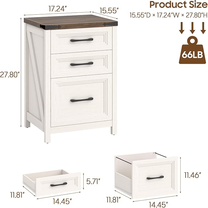Vabches 3 Drawer Vertical File Cabinet, Wood Farmhouse Filing Cabinet Fits A4/Letter Size, Under Desk Small File Cabinets Printer Stand with Storage for Home Office, White and Brown