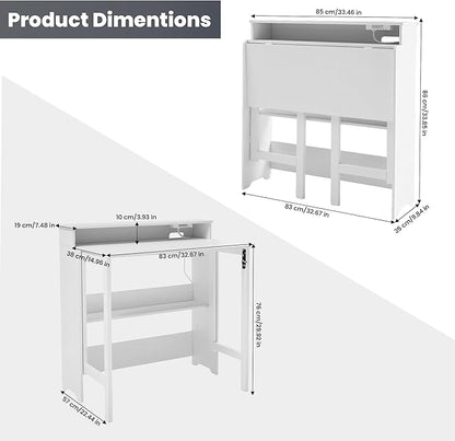 Fold Out Desk with Power Outlets, Small Foldable Table with Storage Shelf,Space-Saving Hidden Desk for Bedroom, Living Room & Office (White)