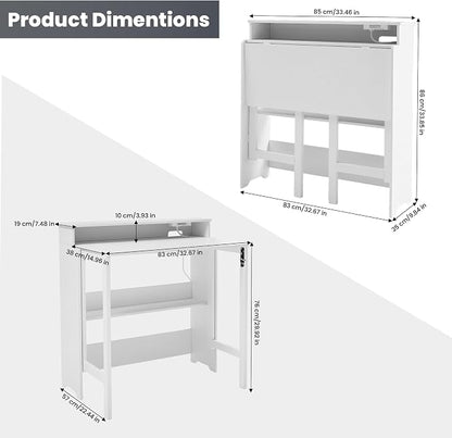 Folding Desk with Charging Station,Fold Out Desk with Monitor Stand,Storage Shelf,Small Foldable Computer Desk for Compact Home Office Spaces (White)