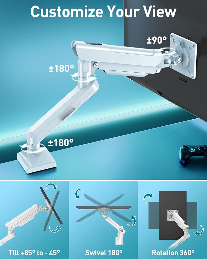 Single Monitor Desk Mount, 13-32 inch Adjustable Full Motion Monitor Arm, Computer Monitor Stand Holder with Clamp and Grommet Base, Fit 4.4 to 19.8lbs Screens, VESA Mount Bracket, White, Freelift Pro