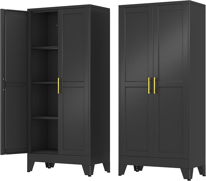 Metal Storage Cabinet with 2 Doors and 3 Adjustable Shelves - 61" Steel File Cabinet,Tool Cabinets for Office,Home,Garage,Gym,School,Bathroom,Kitchen(Black)
