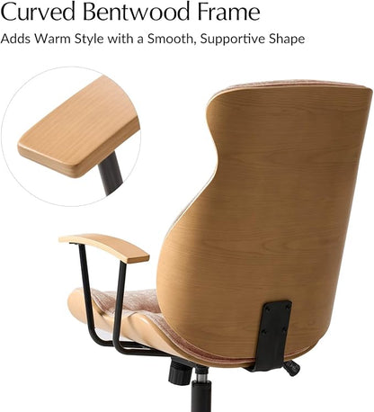 HULALA HOME Solid Wood Office Chair with Tilt Function, Mid Century Modern Bentwood Desk Chair with High Backrest, Height Adjustable Swivel Fabric Computer Task Chair, Spice