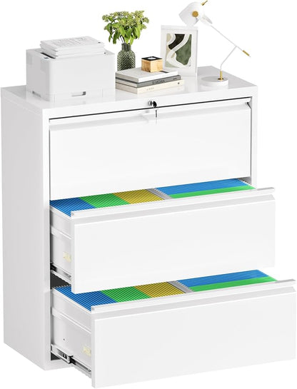 Crownland Lateral File Cabinet with 3 Drawers, 28" W Metal Lockable Office File Cabinets for Home Office- Stores Letter/Legal/A4/F4 Files(White)