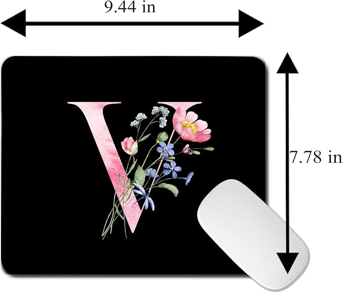 Mouse Pad Pinks Flowers Initial Letters Mousepad Desktop Laptop Computer Accessories Home Office Gaming Work Desk Computer Non-Slip Rubber Monogram Floral Alphabet A-Z mousepad (V)