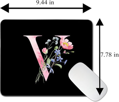 Mouse Pad Pinks Flowers Initial Letters Mousepad Desktop Laptop Computer Accessories Home Office Gaming Work Desk Computer Non-Slip Rubber Monogram Floral Alphabet A-Z mousepad (V)