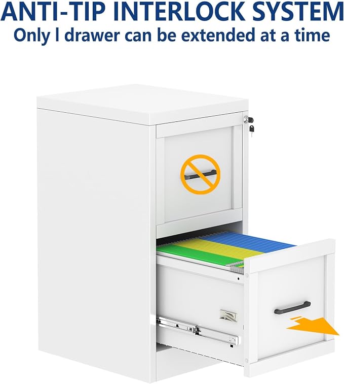 Ckzbx 2 Drawer File Cabinet with Lock, Narrow Vertical Filing Cabinet, Under Desk File Cabinets,White Metal File Cabinets for Home Office,Fit Letter/A4/Legal Size File