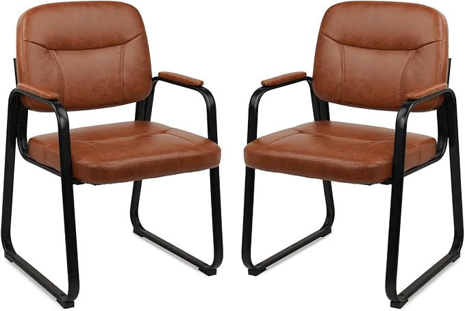 CLATINA Waiting Room Guest Chair with Bonded Leather Padded Arm Rest for Office Reception and Conference Desk Black with Sled Base Brown 2 Pack