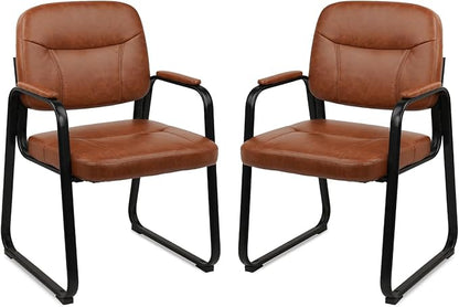 CLATINA Waiting Room Guest Chair with Bonded Leather Padded Arm Rest for Office Reception and Conference Desk Black with Sled Base Brown 2 Pack