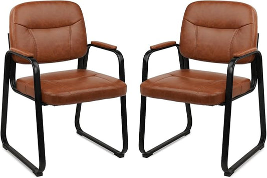 CLATINA Waiting Room Guest Chair with Bonded Leather Padded Arm Rest for Office Reception and Conference Desk Black with Sled Base Brown 2 Pack