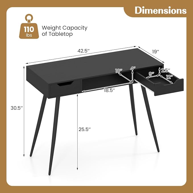 Giantex Mid Century Modern Computer Desk with Drawers, 42.5" Writing Desk with Open Storage Cubby, Vanity Table with Metal Leg, Compact Wooden Study Table for Small Spaces Home Office (Black)