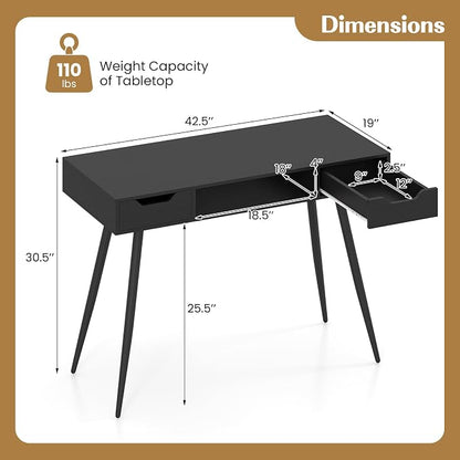 Giantex Mid Century Modern Computer Desk with Drawers, 42.5" Writing Desk with Open Storage Cubby, Vanity Table with Metal Leg, Compact Wooden Study Table for Small Spaces Home Office (Black)