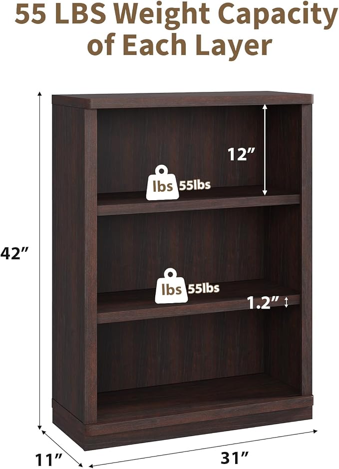 Rresyet 3 -Tier Bookcase, 42" Tall Book Shelf, 31” Wide Bookshelves, Wooden Bookcase Display Storage for Home Office, Living Room and Study Room (Cherry)