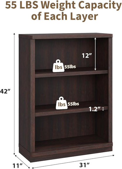 Rresyet 3 -Tier Bookcase, 42" Tall Book Shelf, 31” Wide Bookshelves, Wooden Bookcase Display Storage for Home Office, Living Room and Study Room (Cherry)