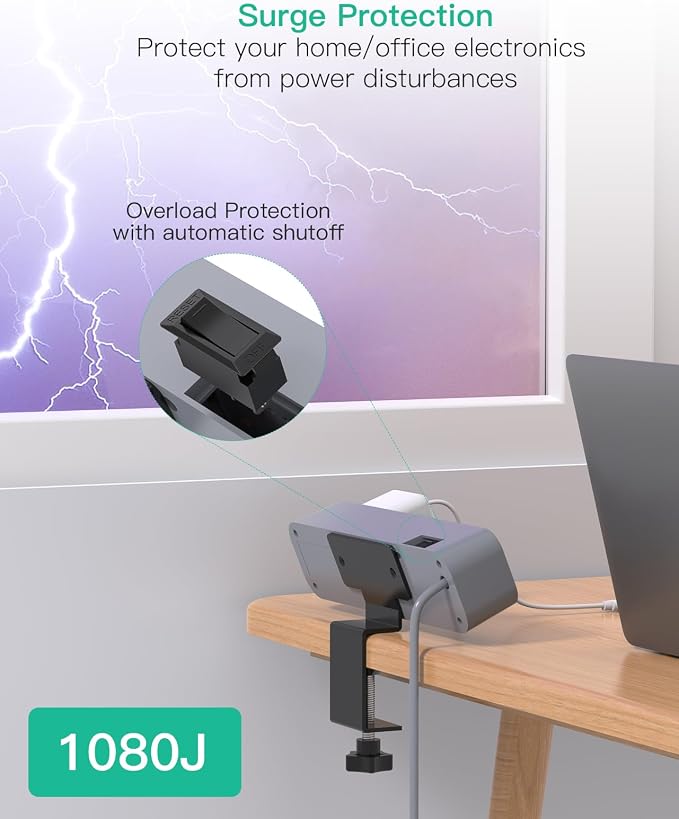 PD30W Desk Clamp Power Strip, Desktop Mount Surge Protector, Fast Charging Station, 5Ft Extension Cord Desk Mount Shelf with 4 Outlets 4 USB Ports (2 USB C), Home Office Accessories Essentials, Gray