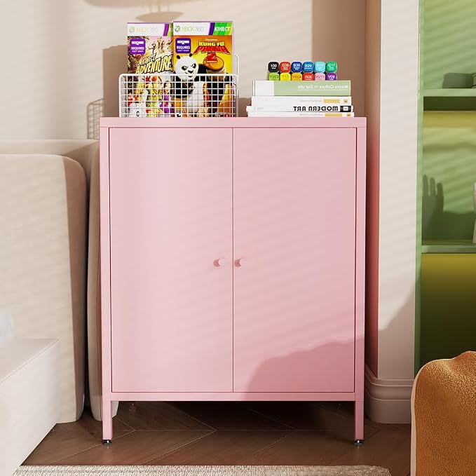 2 Door Metal Accent Storage Cabinet for Home, Living Room,Office Room,Kitchen-Metal Locker Cabinet with 1 Adjustable Shelves-2-Tier (Small 2 Door Cabinet, Pink)